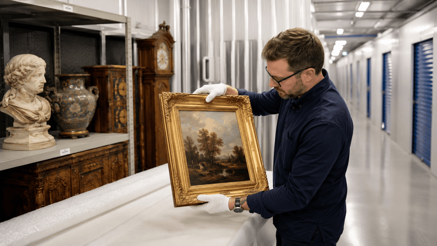 Art handler in white gloves carefully examining framed landscape painting in vaulted storage facility