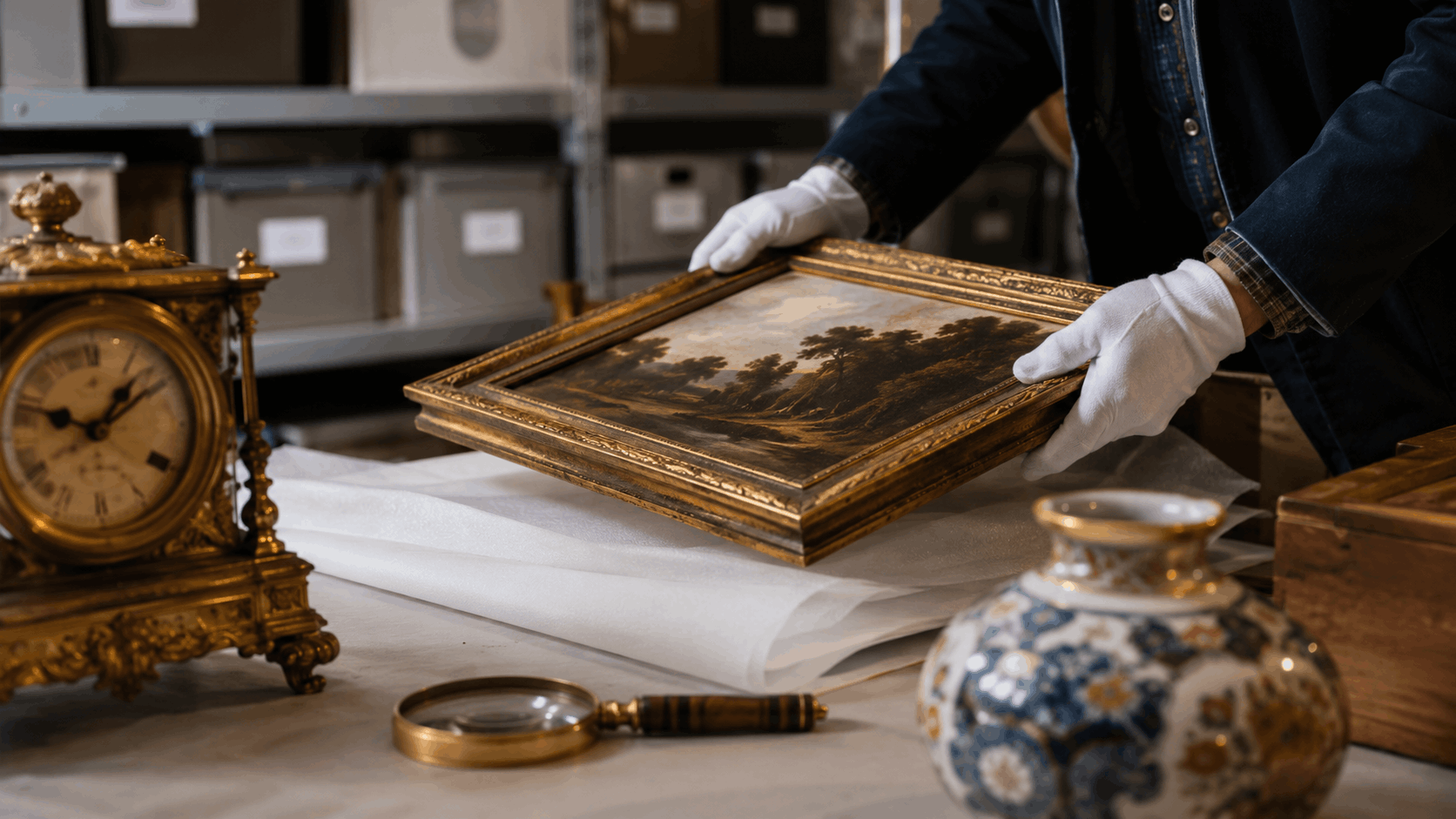 Conservator in white gloves carefully handling antique framed landscape painting in storage facility