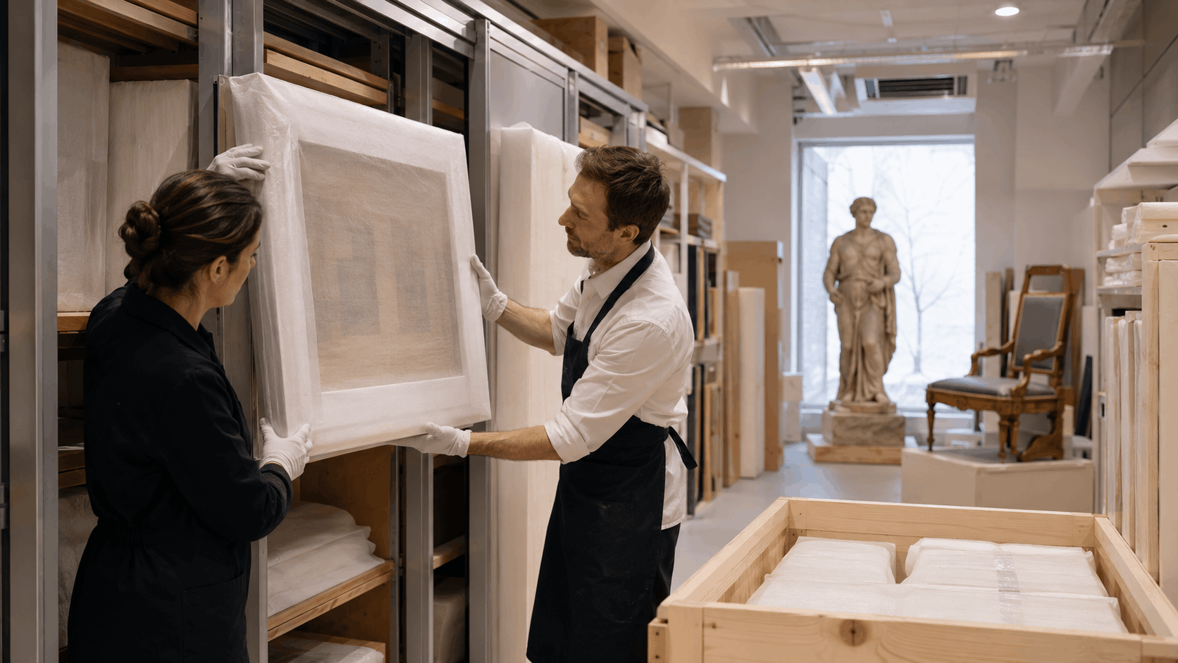 Museum conservators carefully packing wrapped framed artwork into storage shelving in Los Angeles