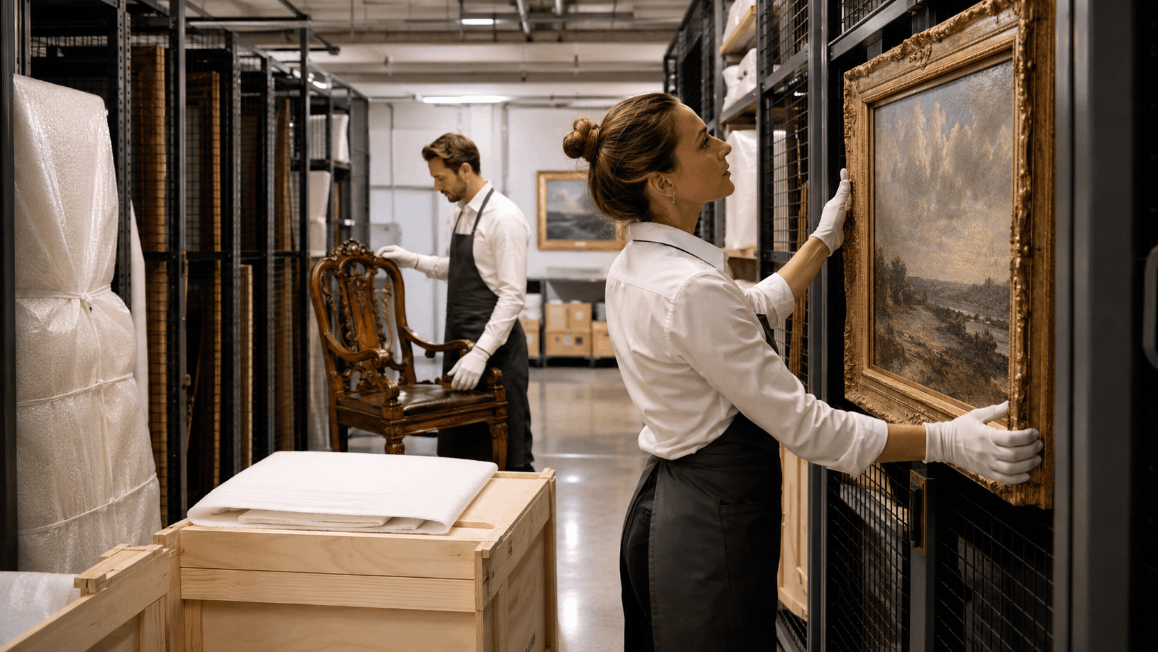 Museum art handlers in white gloves storing paintings and antique furniture in professional storage facility