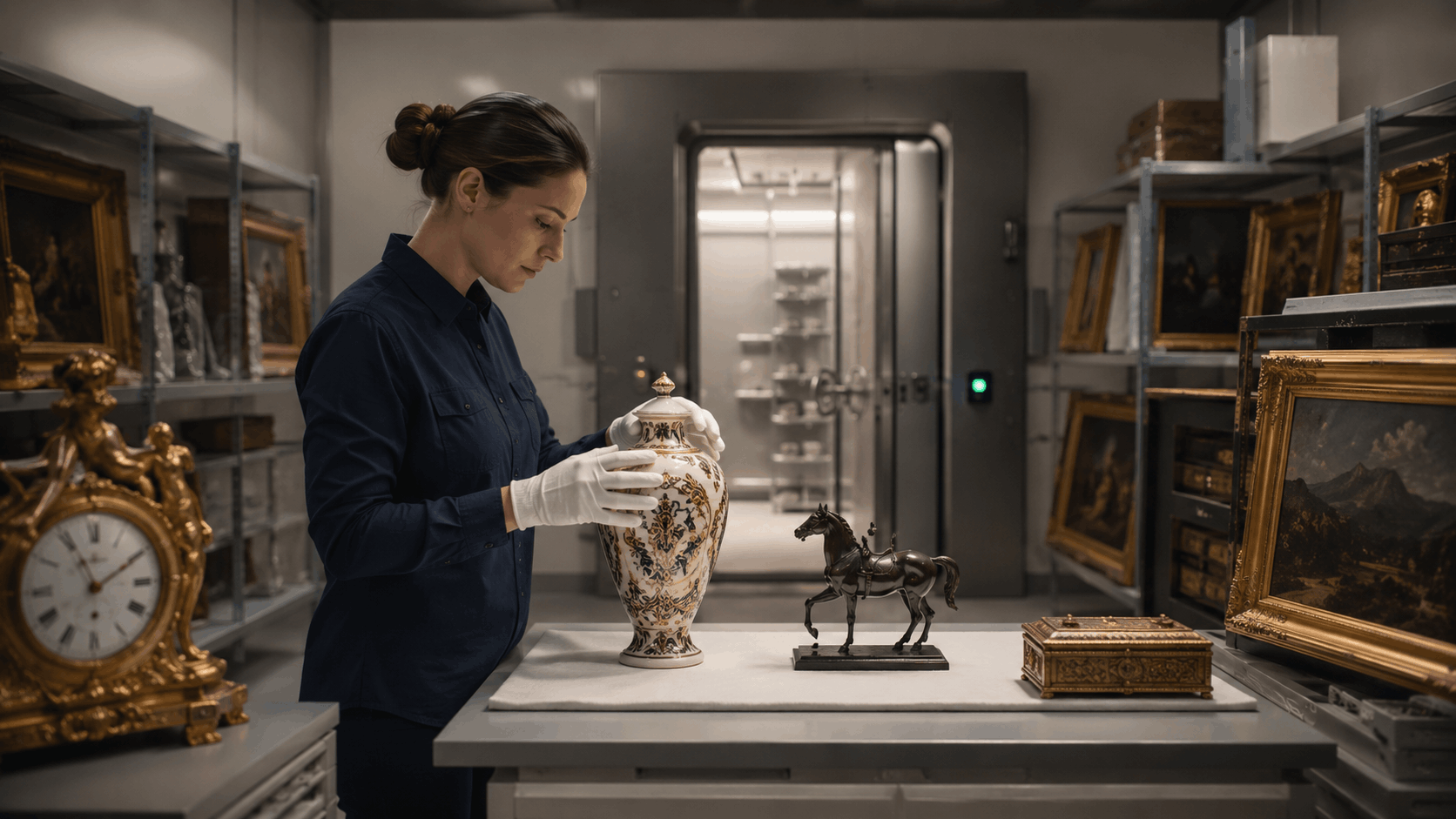 Museum curator in white gloves carefully handling decorative porcelain vase in storage facility
