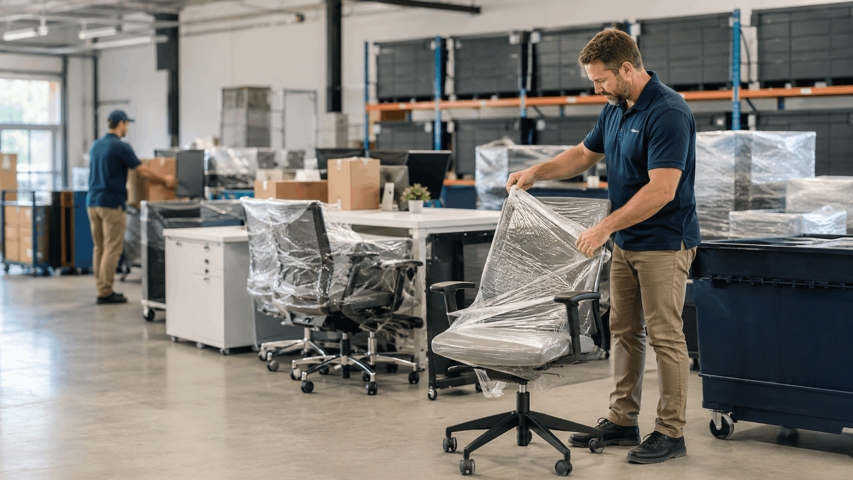 Moving crew wrapping office chairs in plastic wrap at Los Angeles storage facility