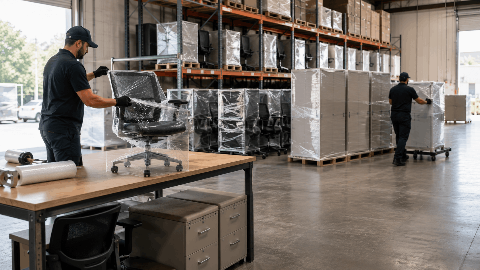 Movers wrapping office chairs in plastic stretch film inside Los Angeles warehouse
