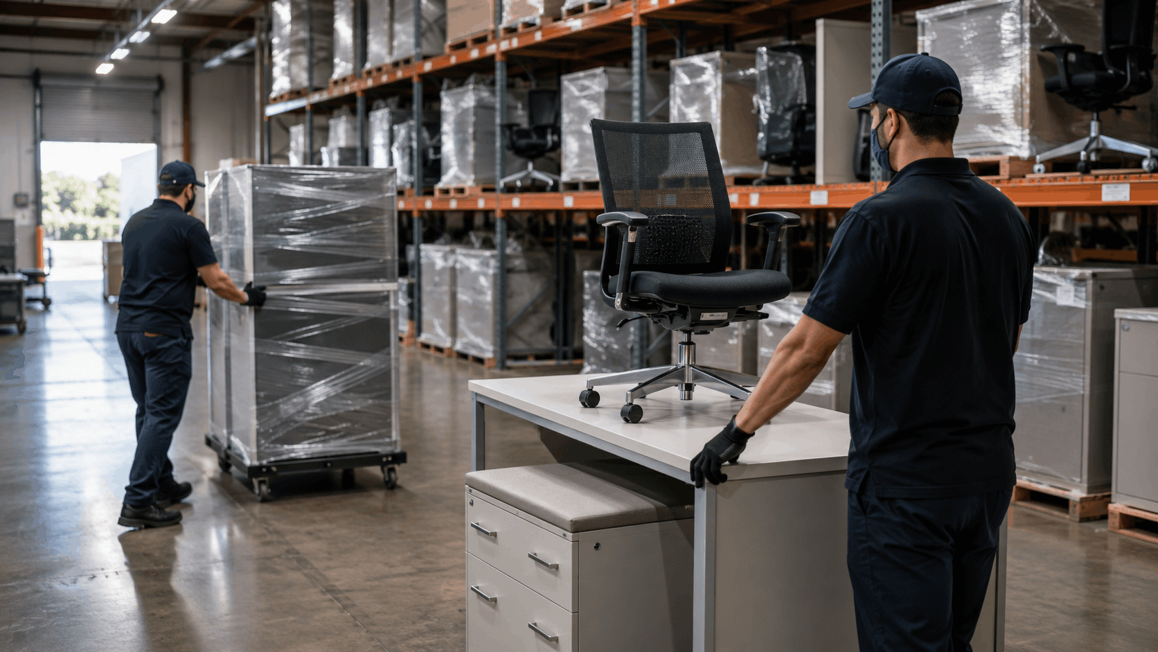 Two movers in navy uniforms handling office furniture in Los Angeles warehouse storage facility