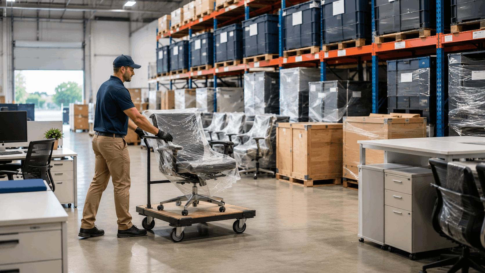 Warehouse worker transporting plastic-wrapped office chair on dolly past storage shelving