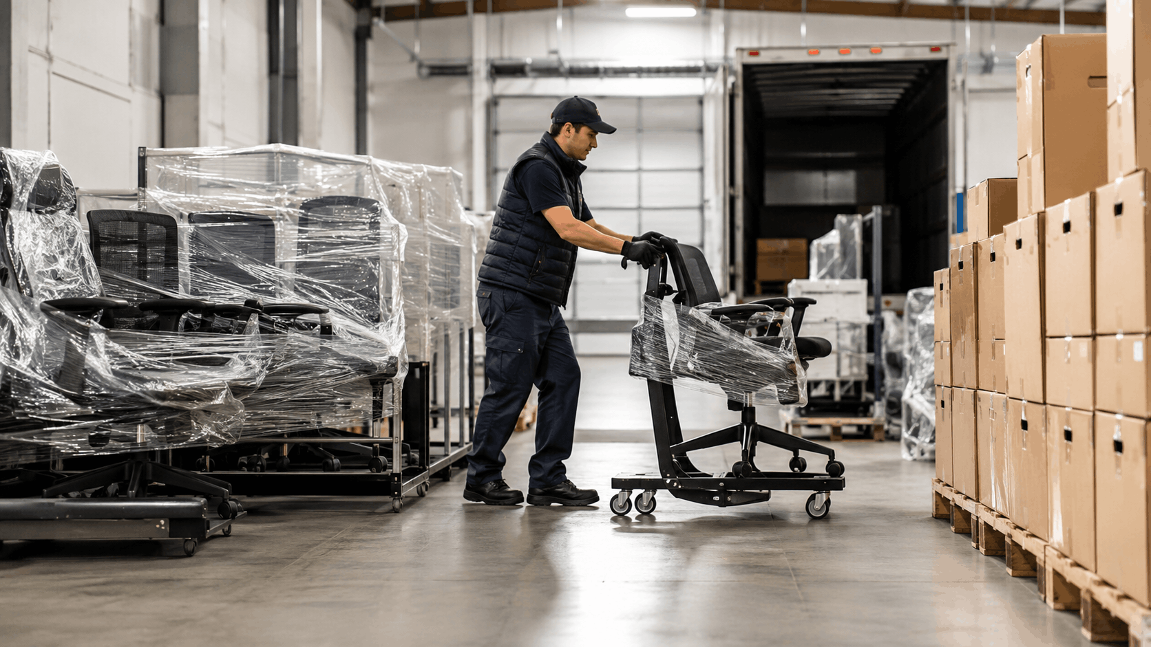 Warehouse worker moving wrapped office chairs at Los Angeles moving and storage facility