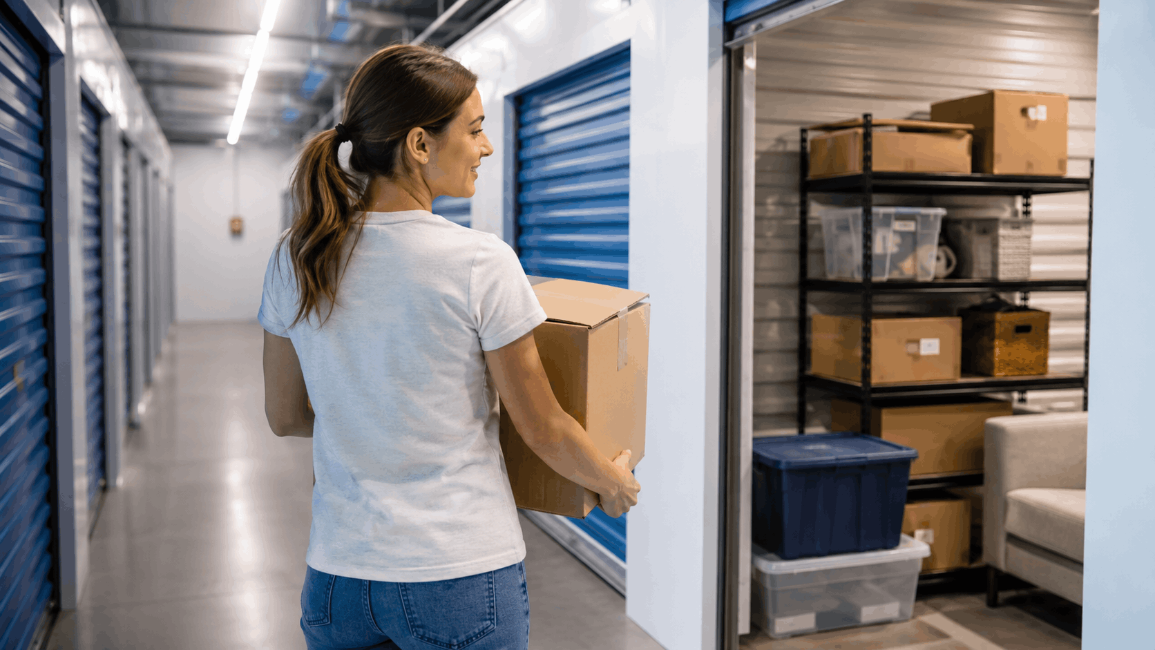 Woman carrying cardboard box into organized self-storage unit in Los Angeles facility