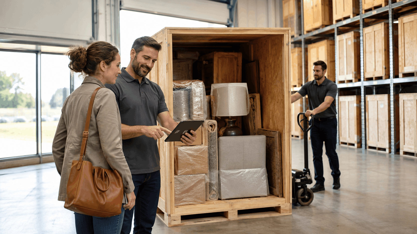 Moving consultant reviewing storage vault inventory with customer on tablet in warehouse