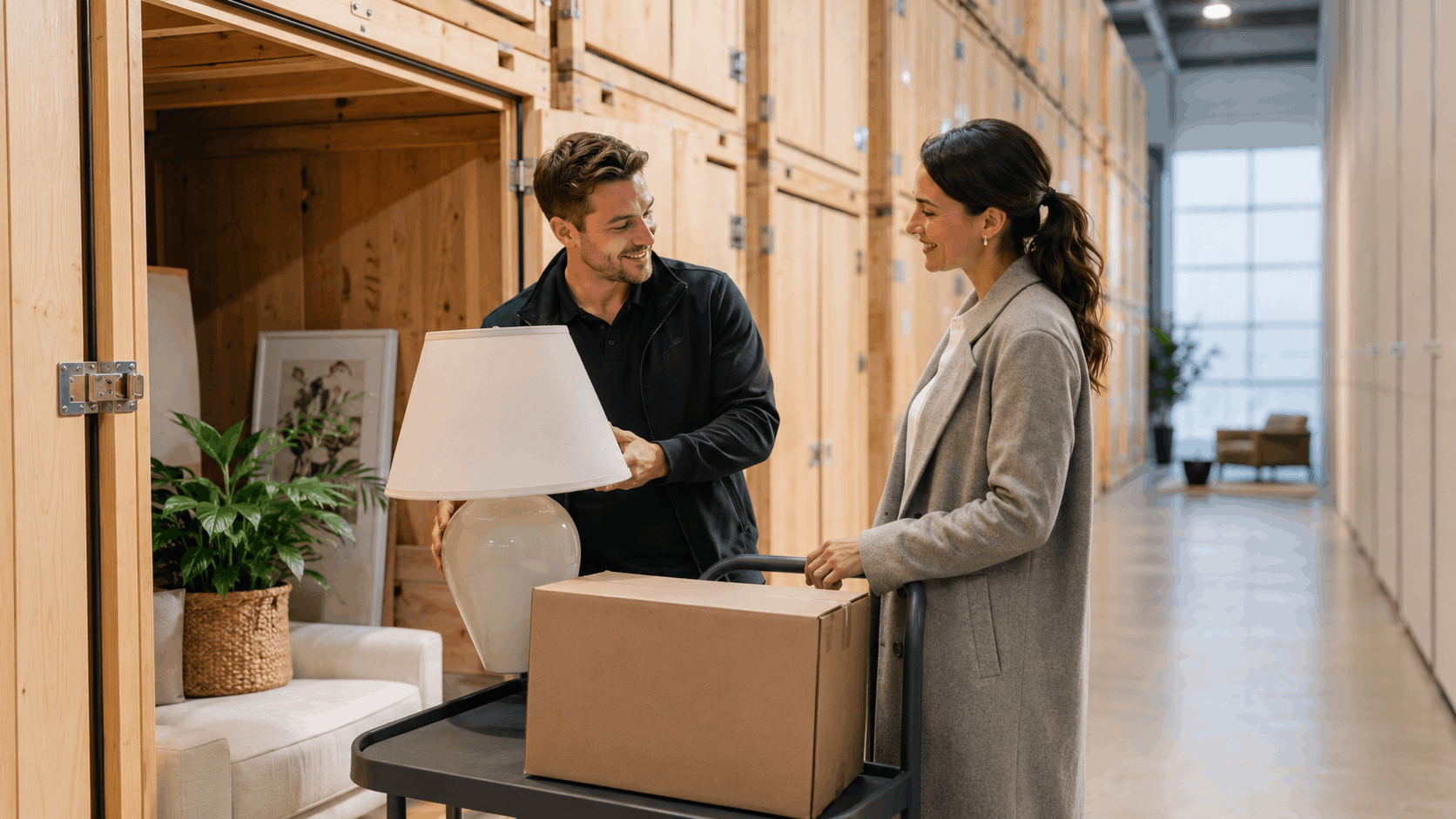 Two people loading lamp and box into wood storage unit in Los Angeles