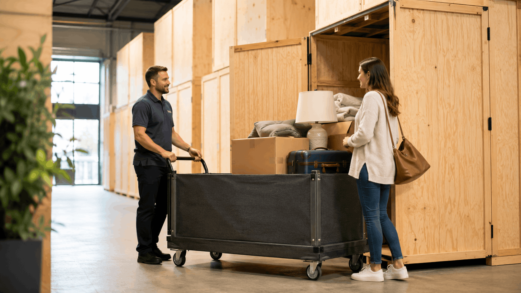 Popeye Moving employee helping customer load belongings into wooden storage unit with cart