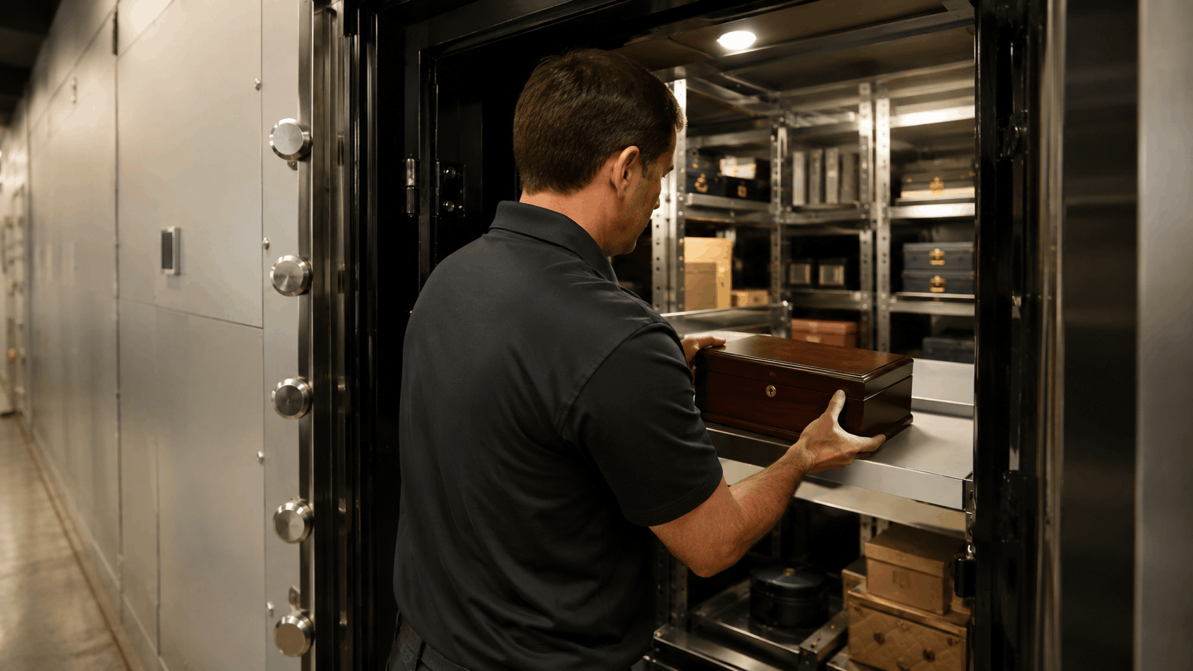 Moving and storage worker placing wooden box inside secure vault storage facility