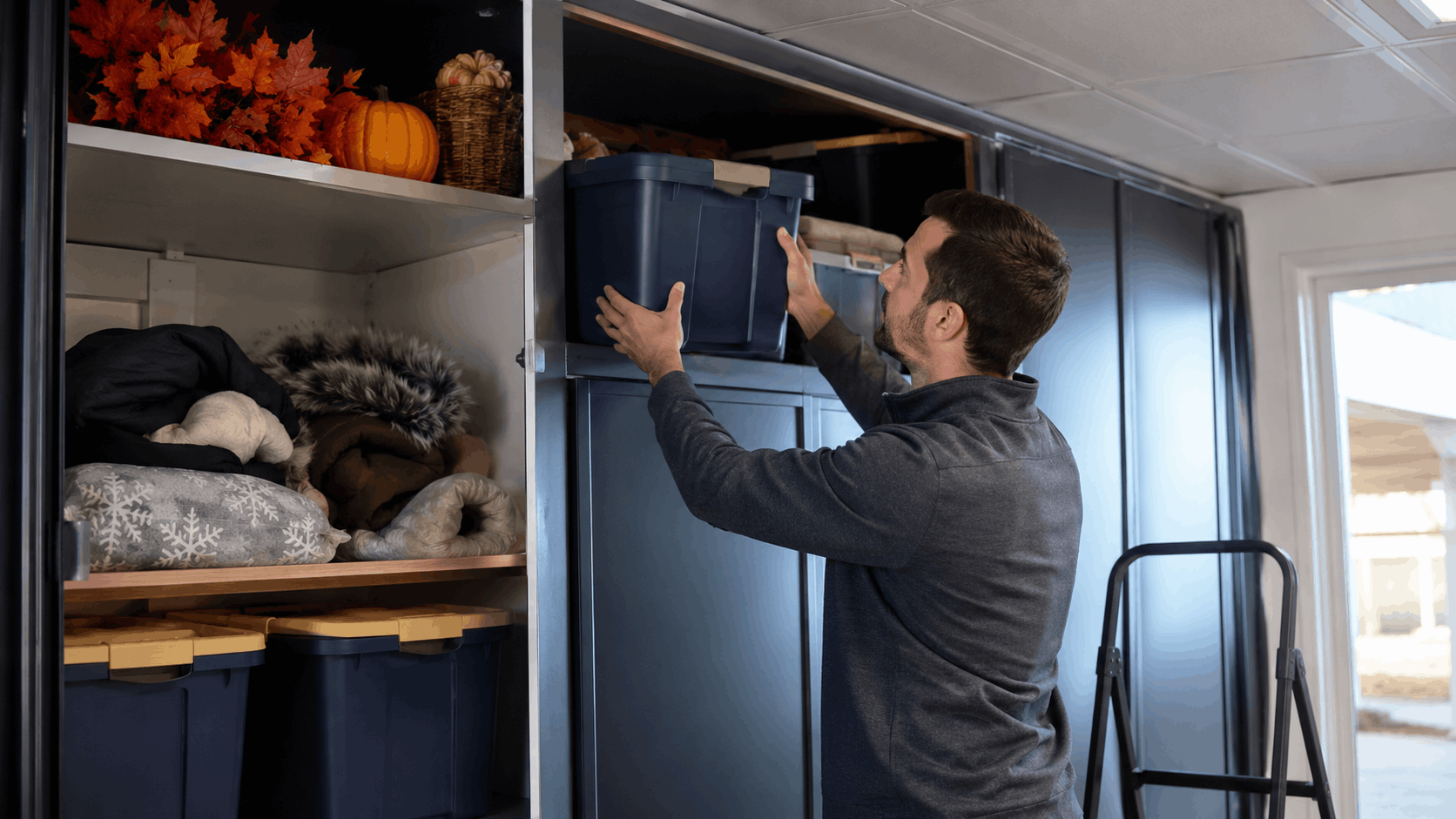 Man placing labeled storage bins on high closet shelf using stepladder