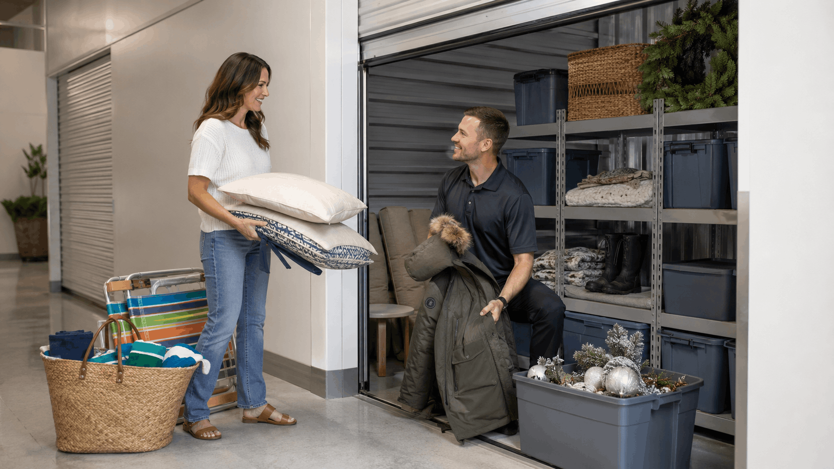 Couple organizing seasonal items in a clean Los Angeles self-storage unit