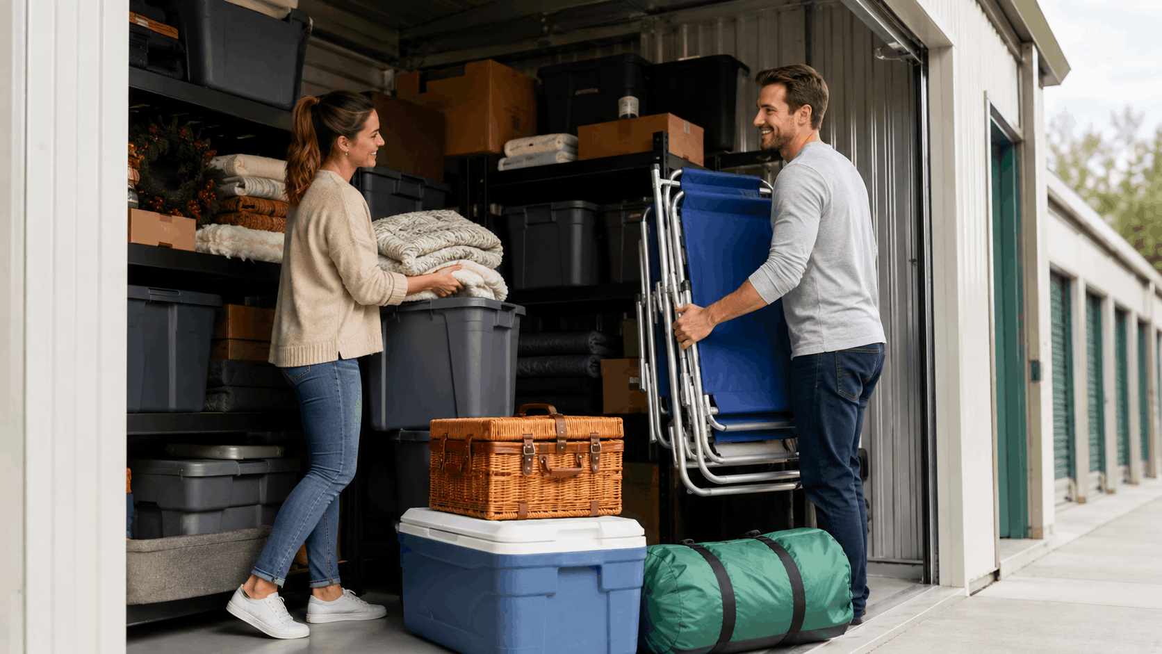 Couple organizing belongings in Los Angeles self-storage unit with bins and camping gear