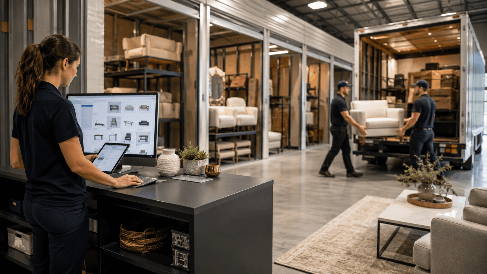 Professional home stager managing furniture inventory at warehouse storage facility in Los Angeles