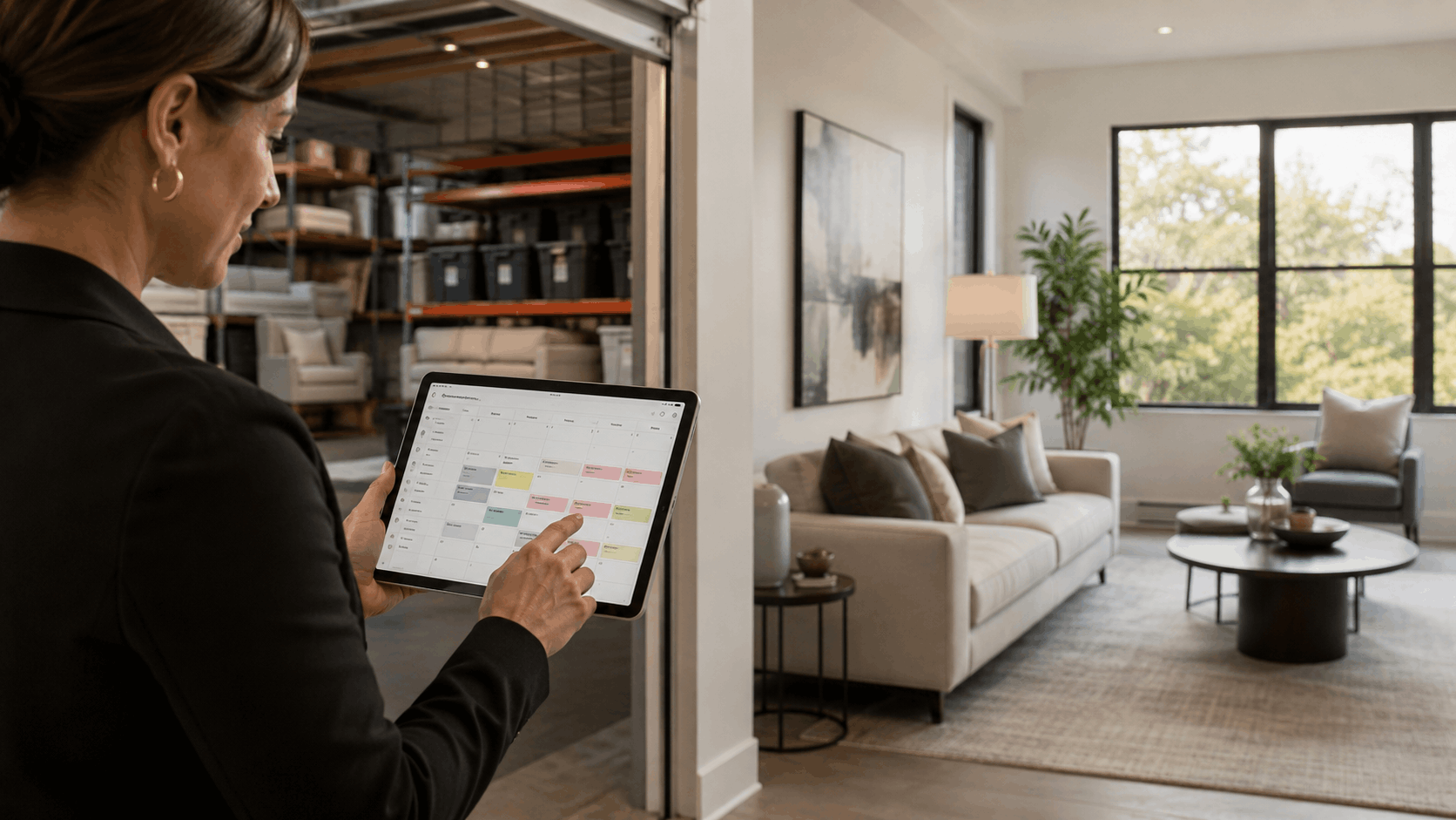 Interior designer using tablet to manage furniture inventory between warehouse storage and staged living room