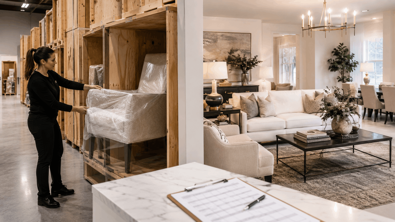 Woman inspecting bubble-wrapped furniture in wooden crates beside elegant staged living room