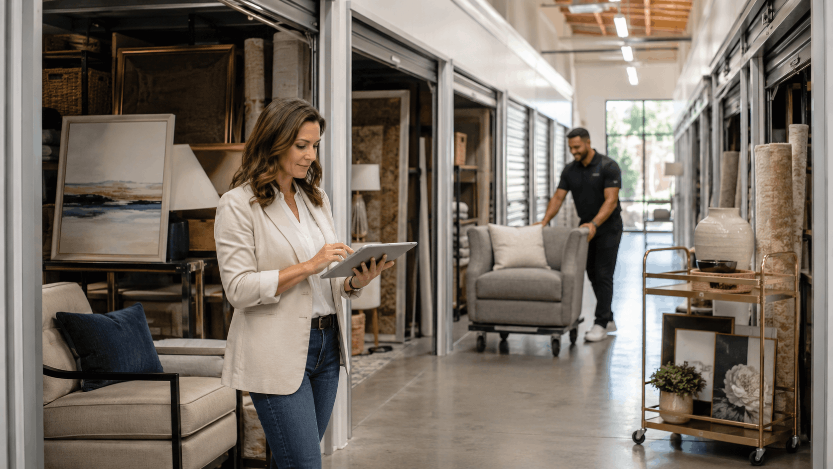 Interior designer reviewing tablet in home staging furniture storage facility Los Angeles