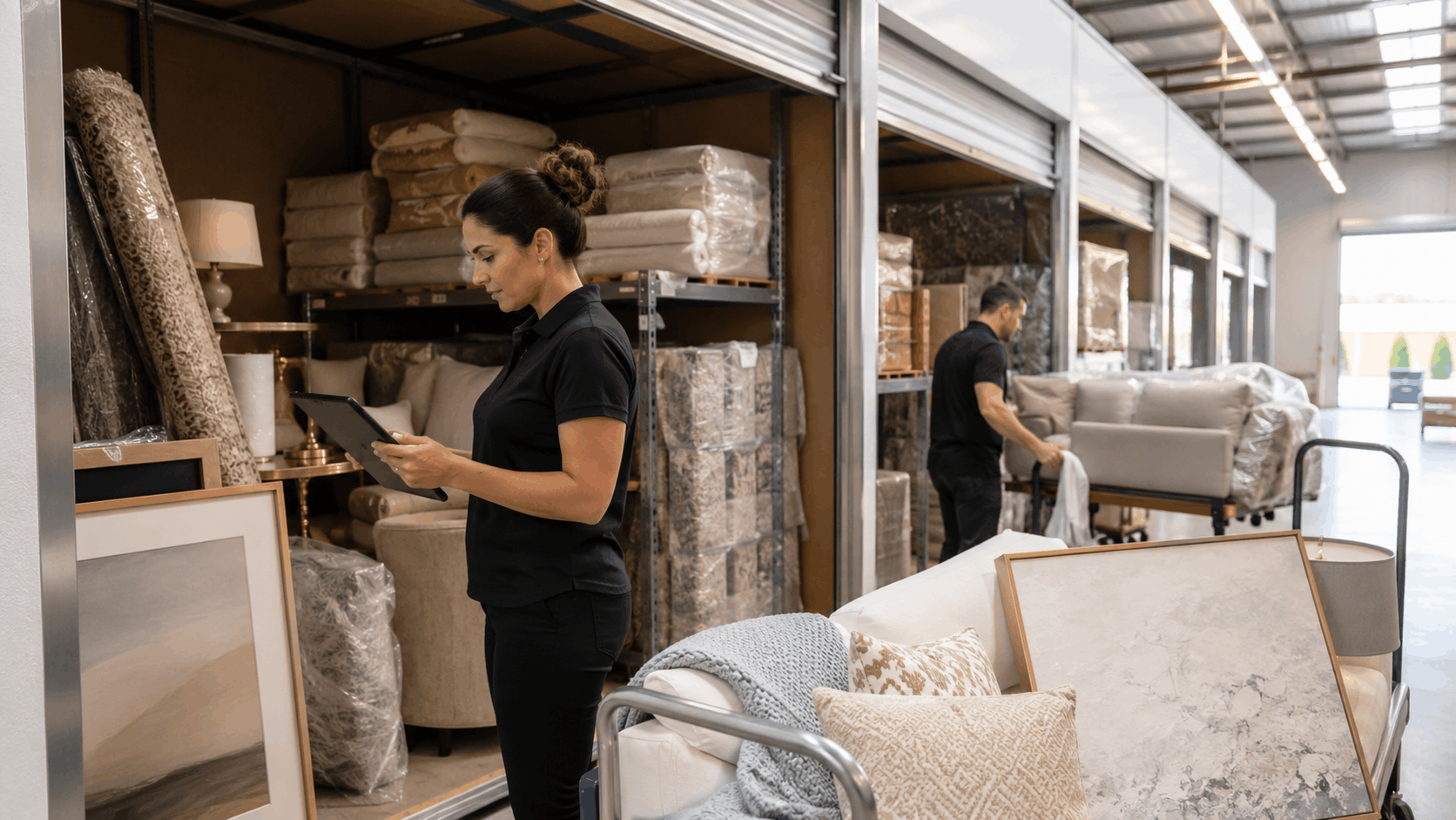 Los Angeles moving and storage workers inventorying furniture and household items in warehouse