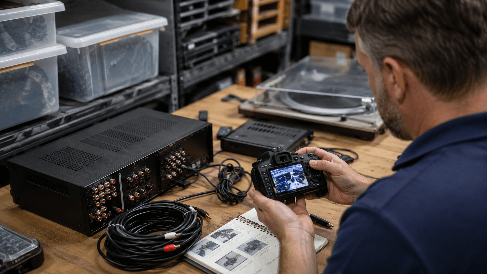 Technician photographing vintage audio equipment and RCA cables for electronics storage documentation