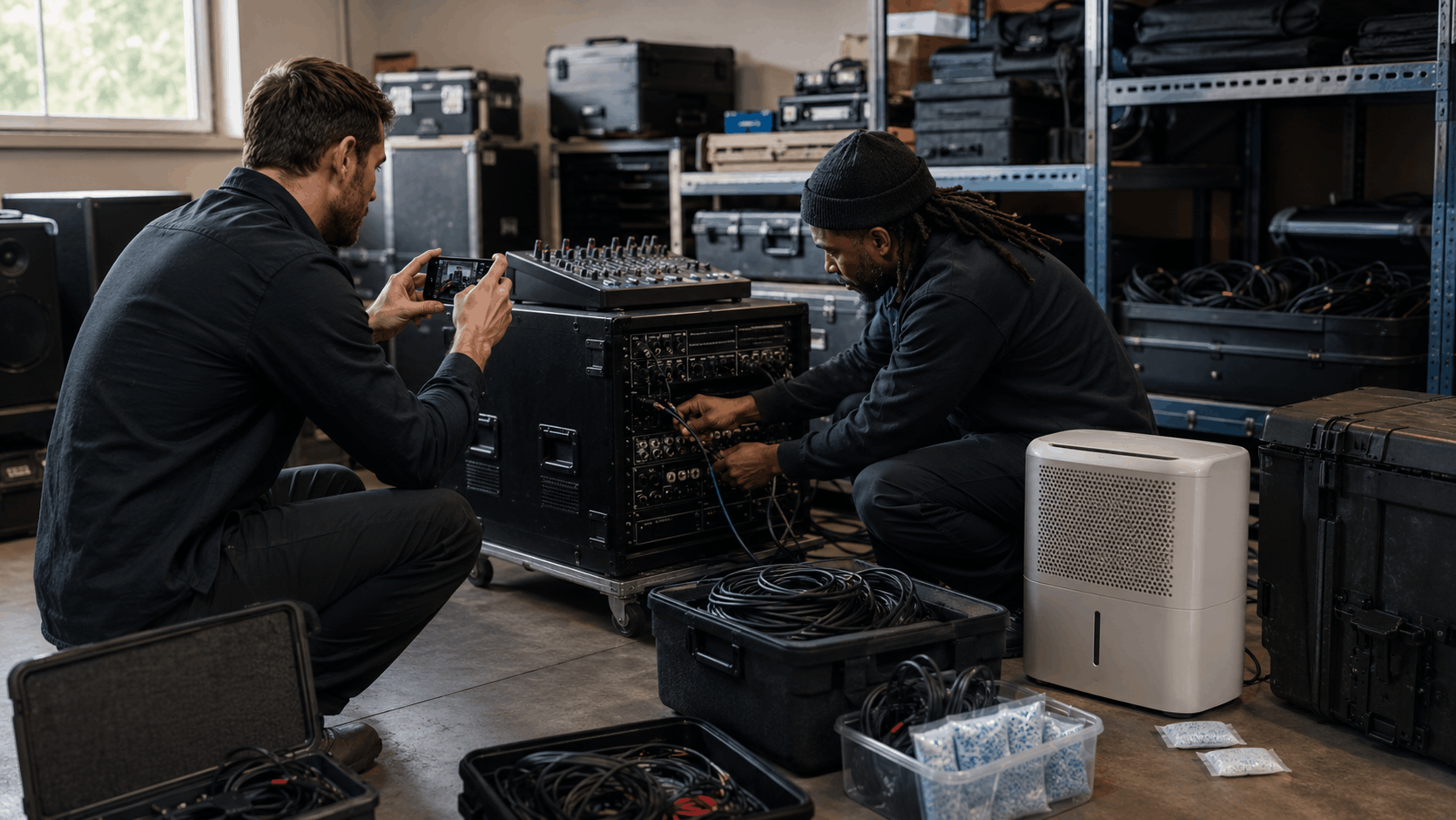 Two audio technicians documenting and organizing professional sound equipment in storage warehouse
