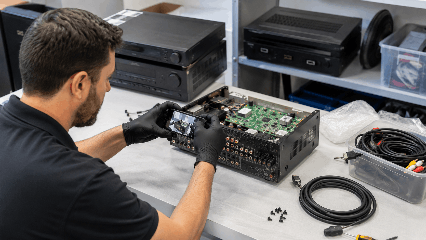 Technician photographing open AV receiver internals before packing for moving