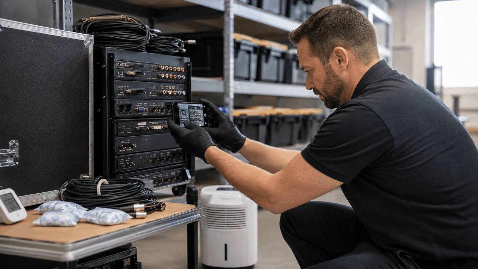 AV technician photographing rack-mounted audio equipment in professional storage facility