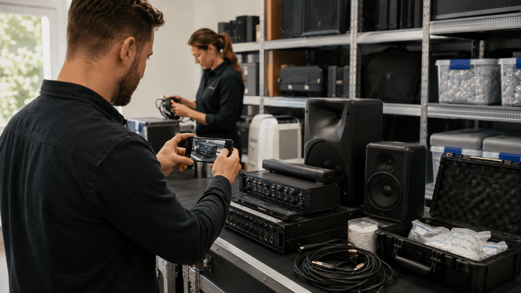 Audio equipment technician photographing speakers and mixers in Los Angeles storage warehouse