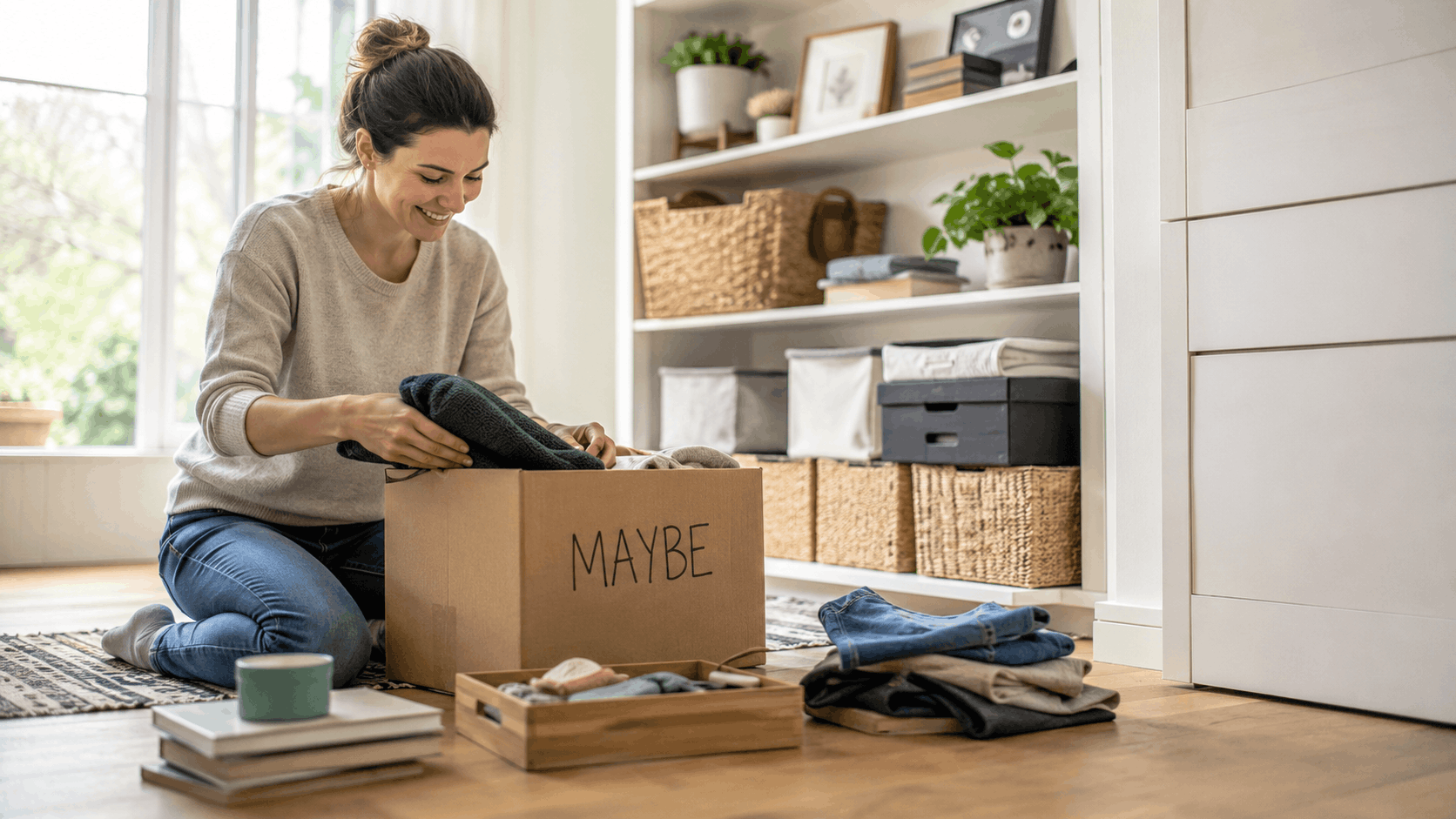 Smiling woman sorting clothes into cardboard maybe box while decluttering home