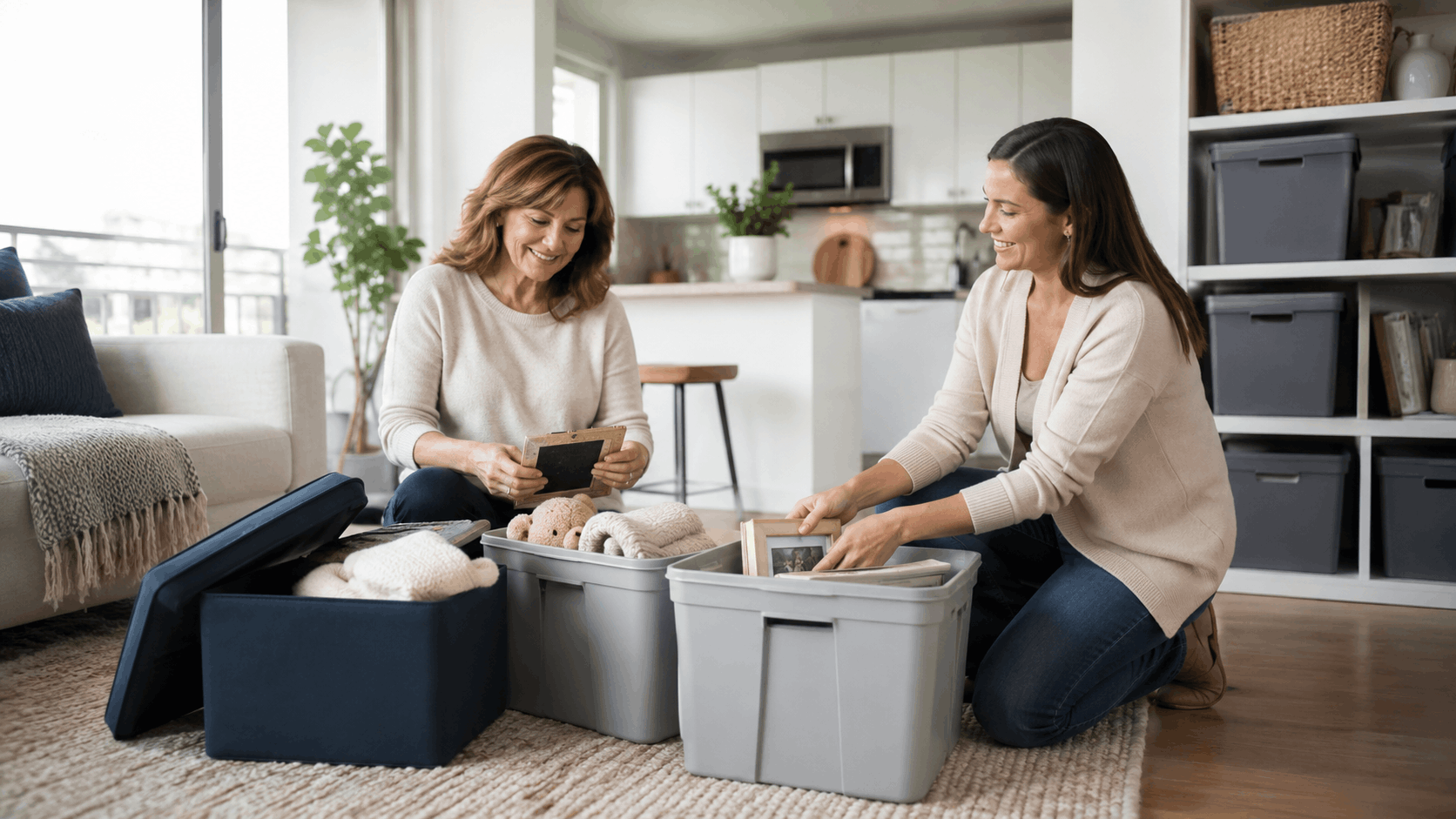 Two women organizing belongings into storage bins while decluttering their Los Angeles home