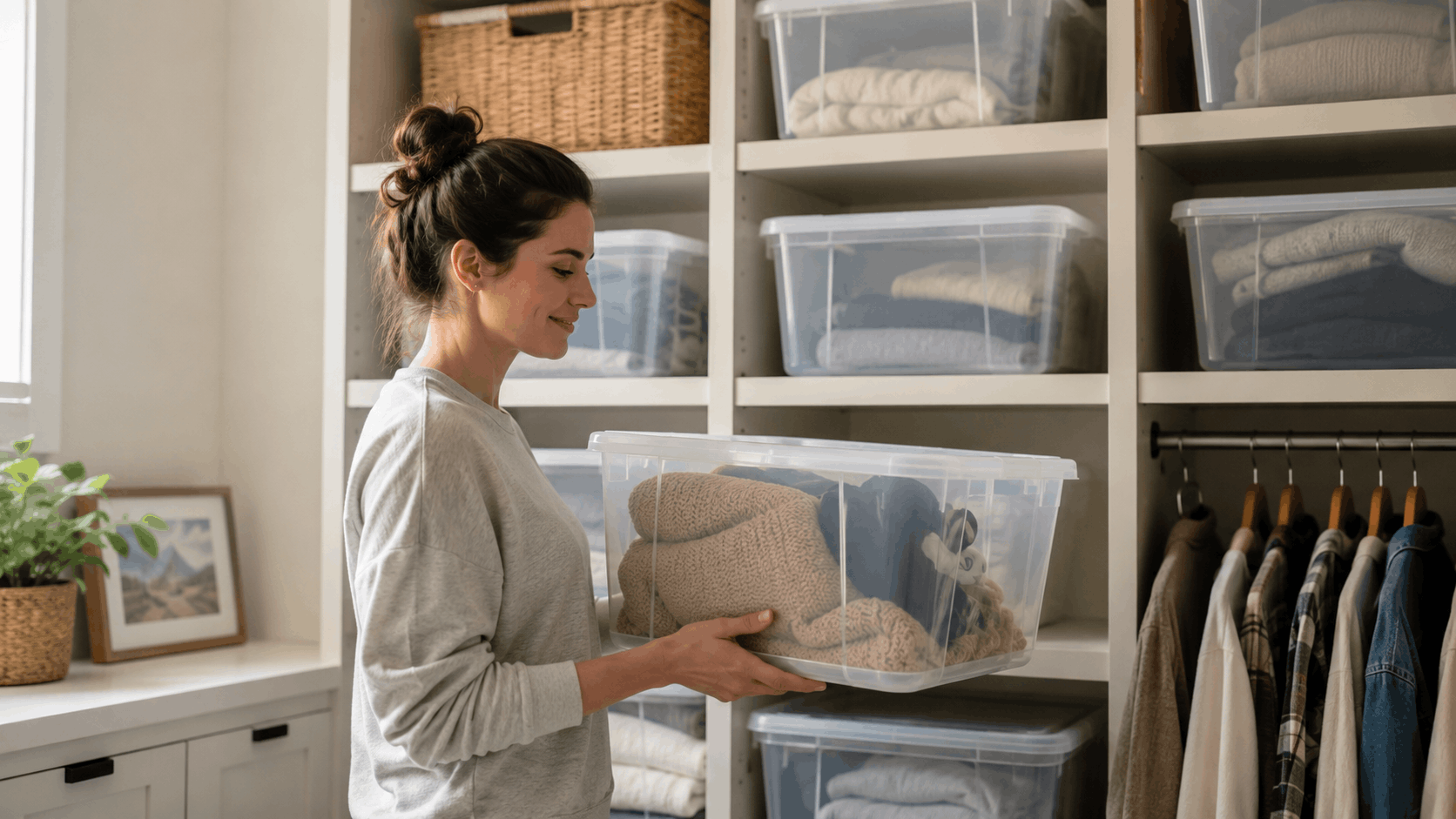Woman organizing seasonal clothes into clear plastic storage bins in a walk-in closet