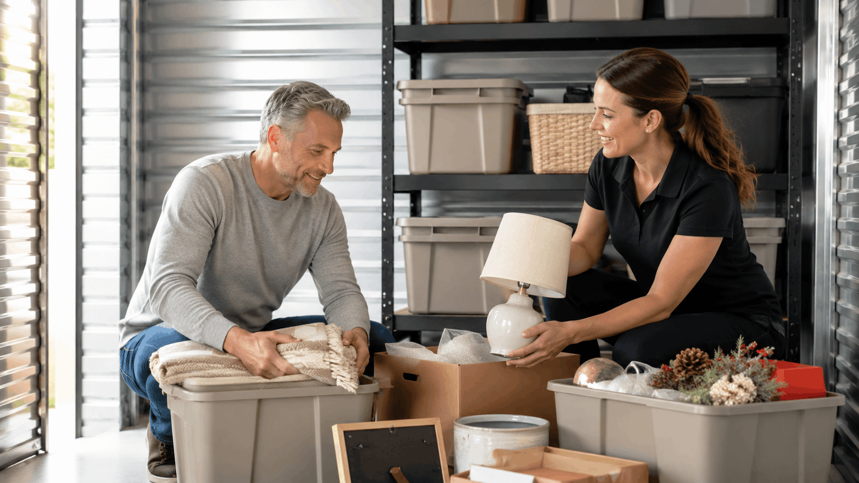 Couple organizing belongings in storage unit with boxes and shelving in Los Angeles
