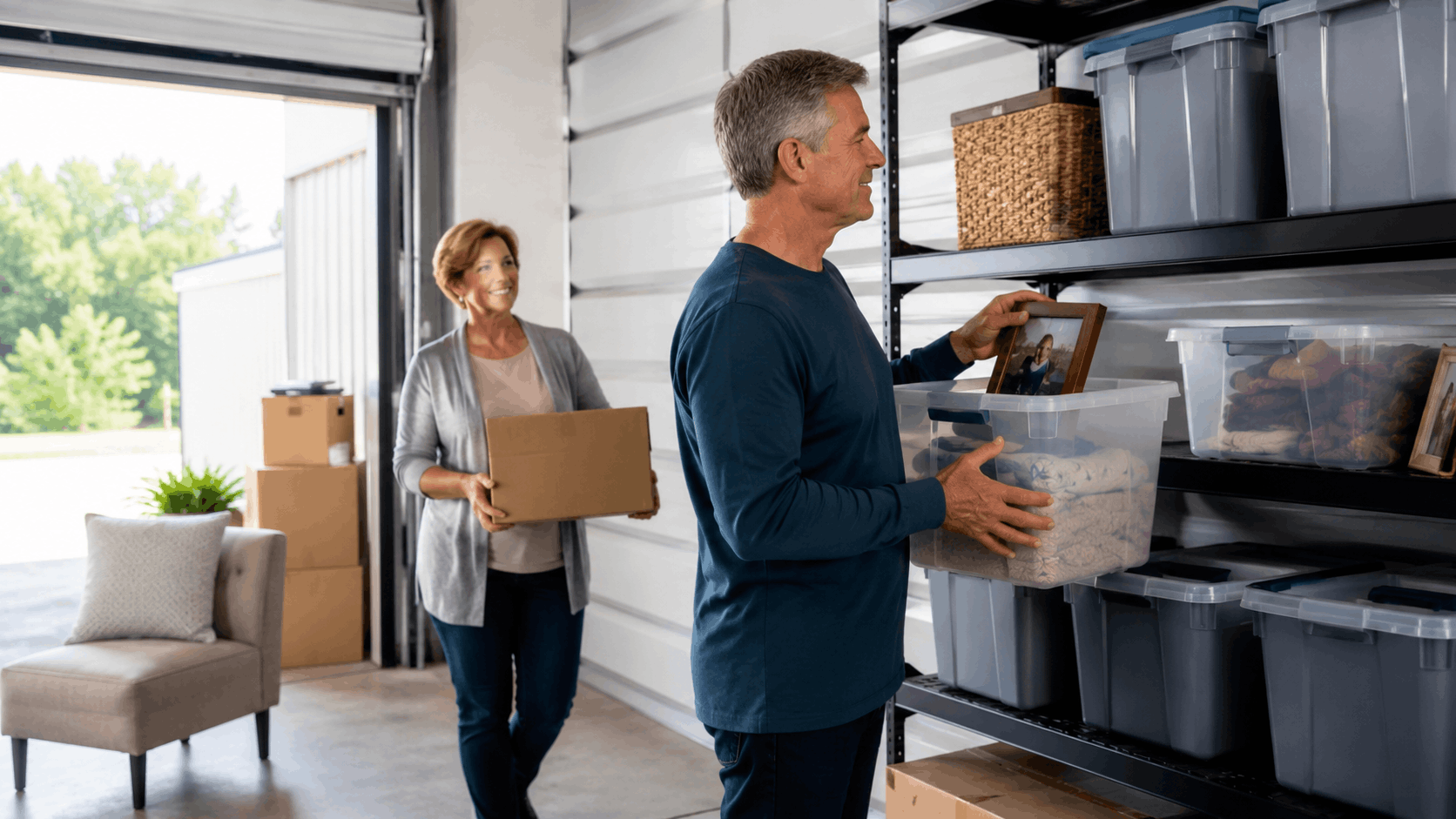 Middle-aged couple organizing belongings into storage unit shelves in Los Angeles