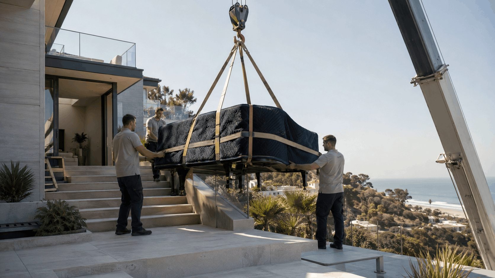 Piano being crane-lifted into luxury Malibu hillside home by professional movers