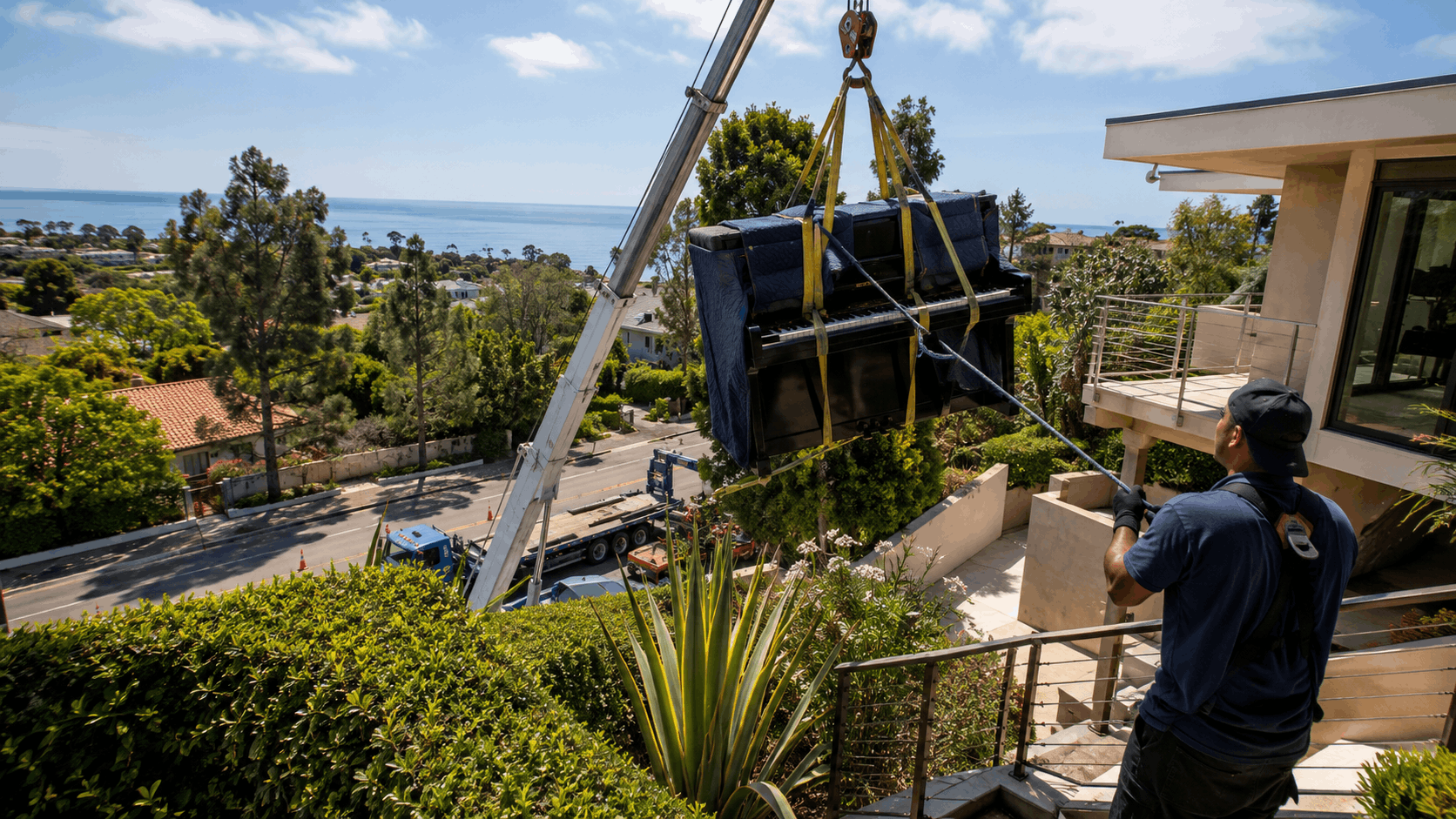 Crane lifting wrapped piano to upper-level terrace of hillside Los Angeles home