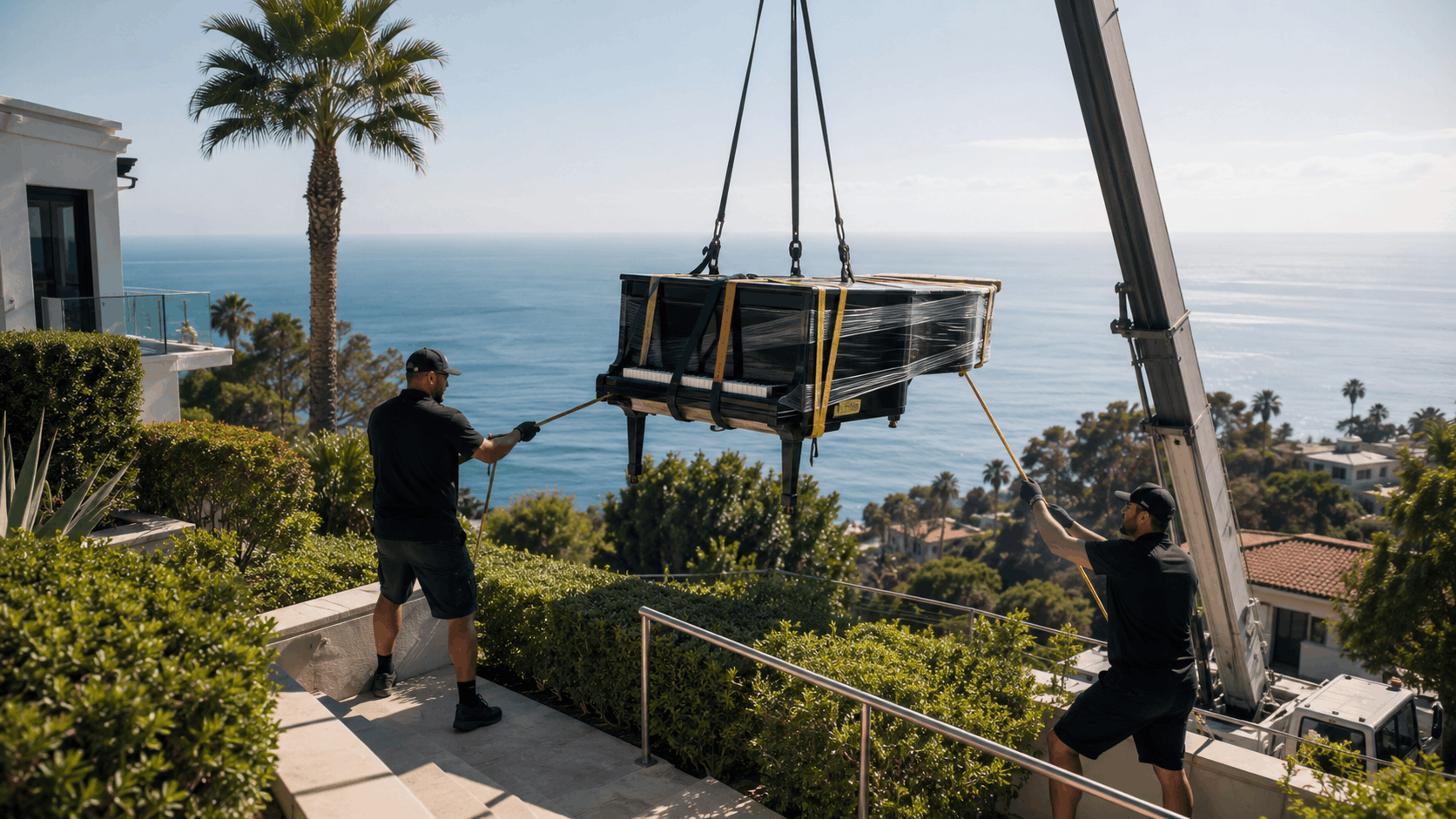 Two movers using crane to hoist wrapped grand piano at luxury Los Angeles oceanview estate