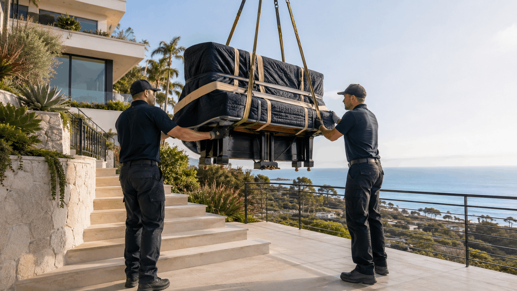 Two movers crane-lifting a wrapped grand piano at a luxury Los Angeles hillside mansion