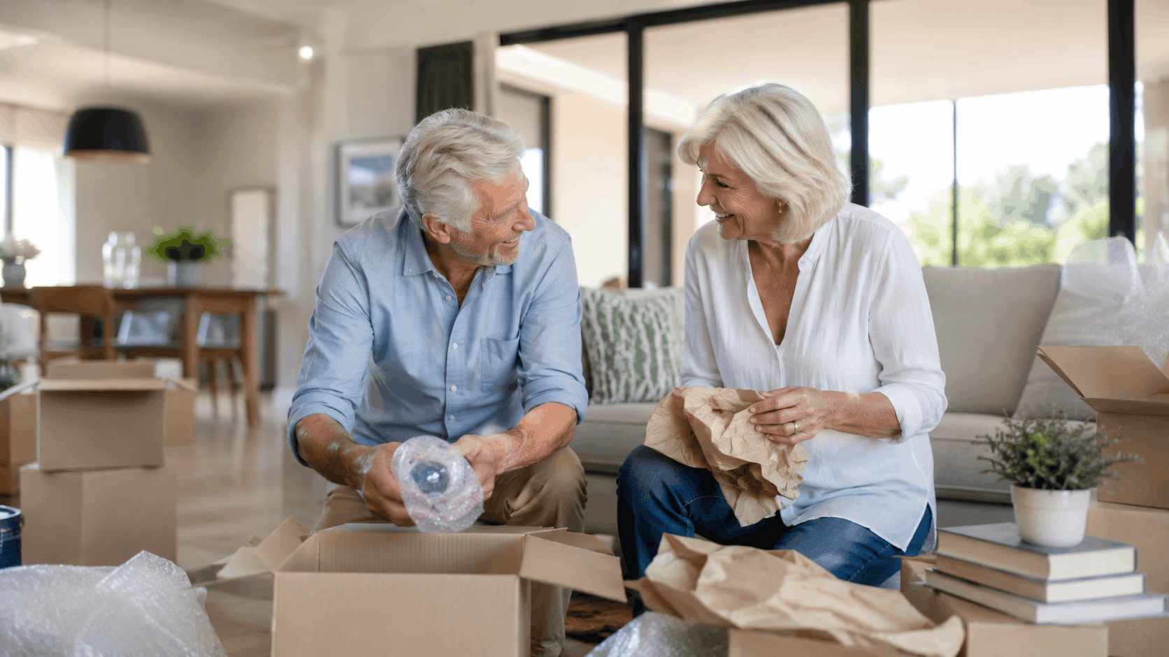 Smiling senior couple unpacking moving boxes together in bright modern home
