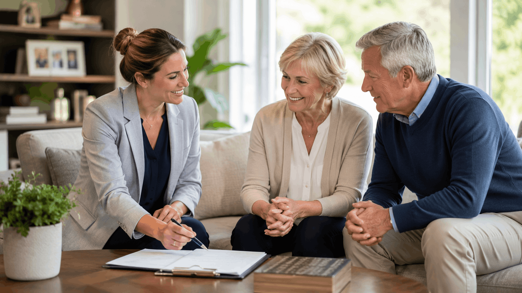Female advisor helping senior couple review and organize important documents at home