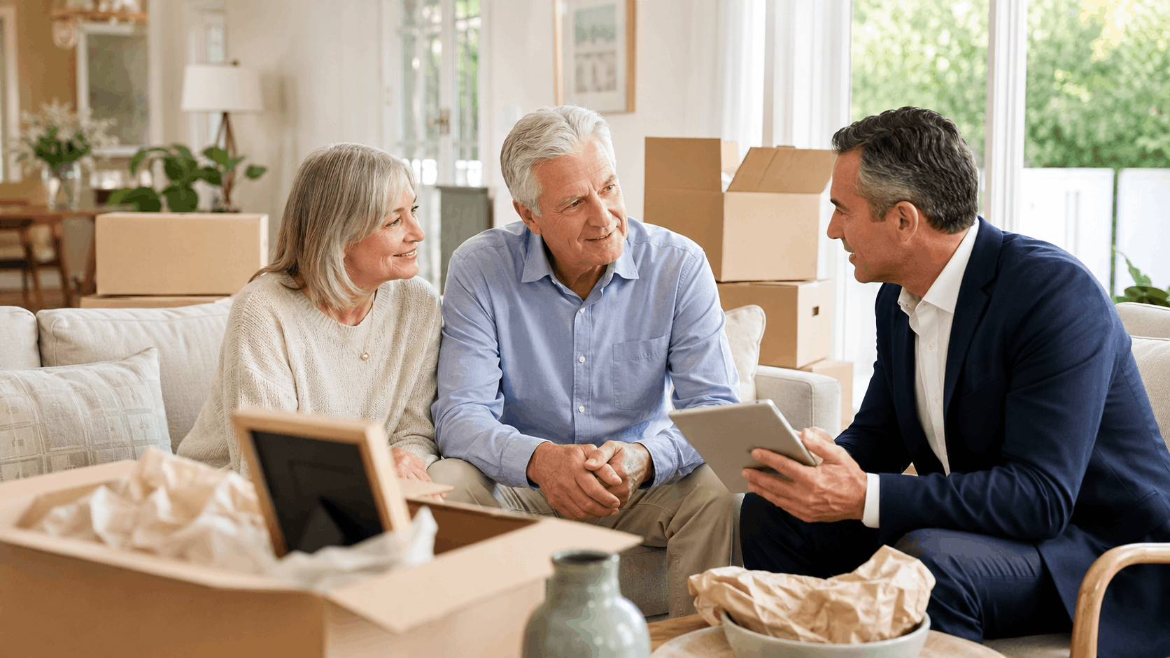 Senior couple discussing moving and storage options with consultant amid packed boxes