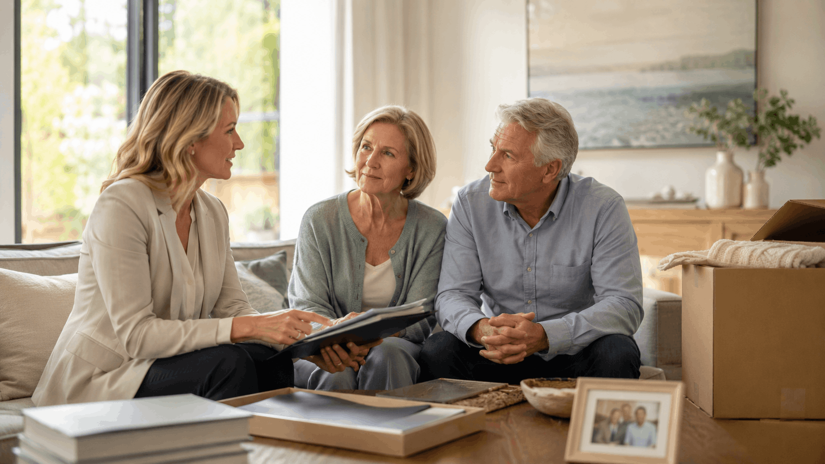 Real estate agent consulting with senior couple surrounded by moving boxes