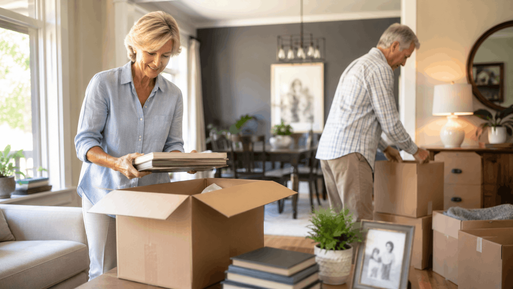 Senior couple packing cardboard moving boxes together in bright modern living room