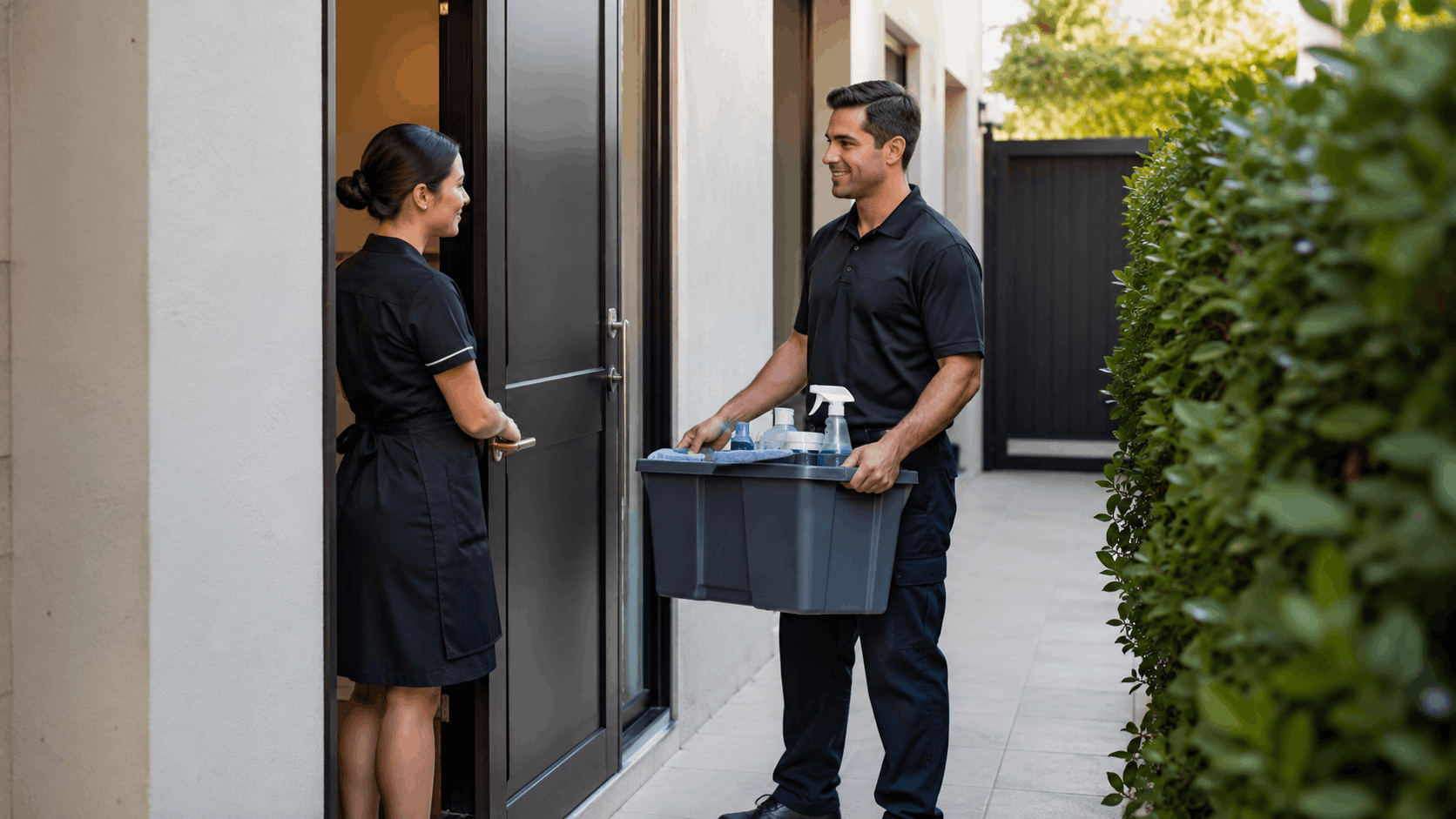 Professional house manager greeting cleaning crew member holding supply caddy at door