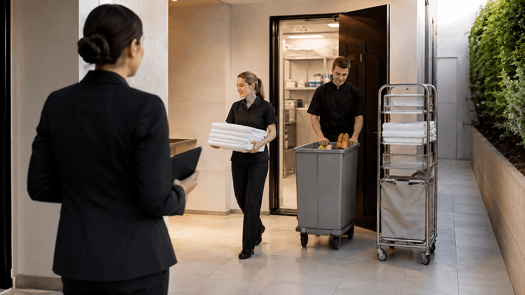 Hotel staff carrying linens and food supplies through a service corridor in Los Angeles