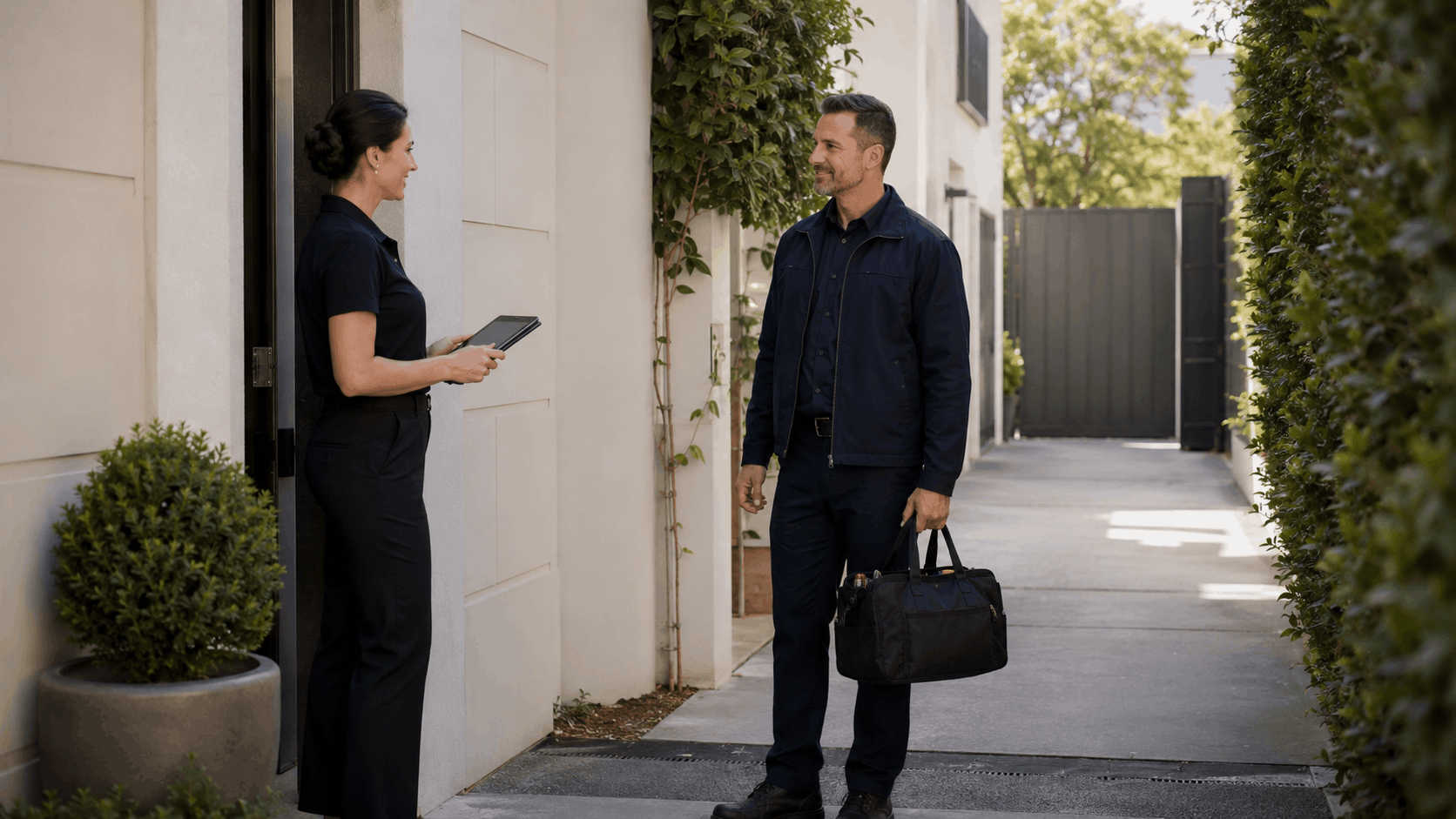 Estate manager with tablet greeting moving professional carrying tool bag at home entrance