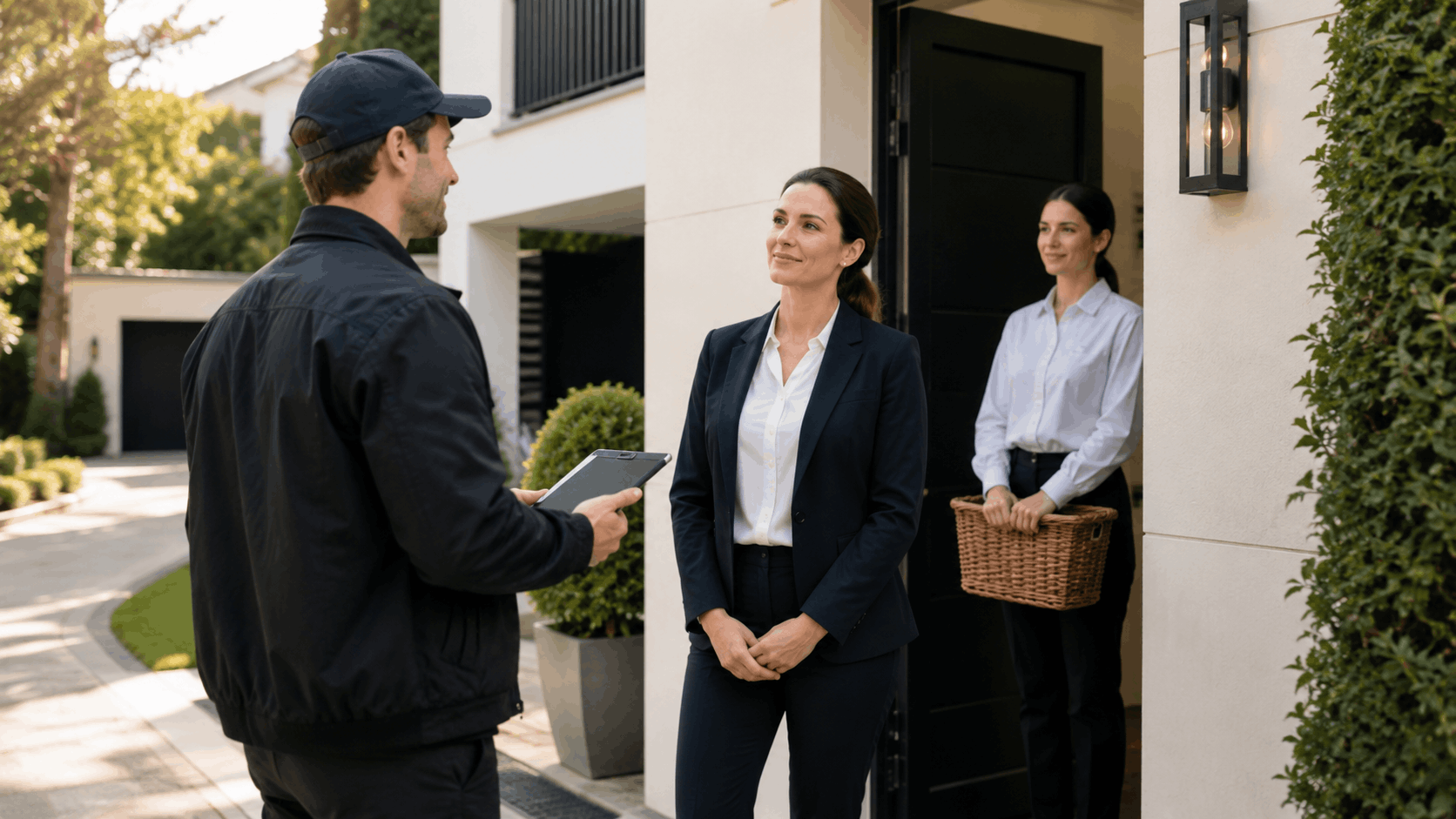 Moving company representative with clipboard meeting homeowners at front door of house