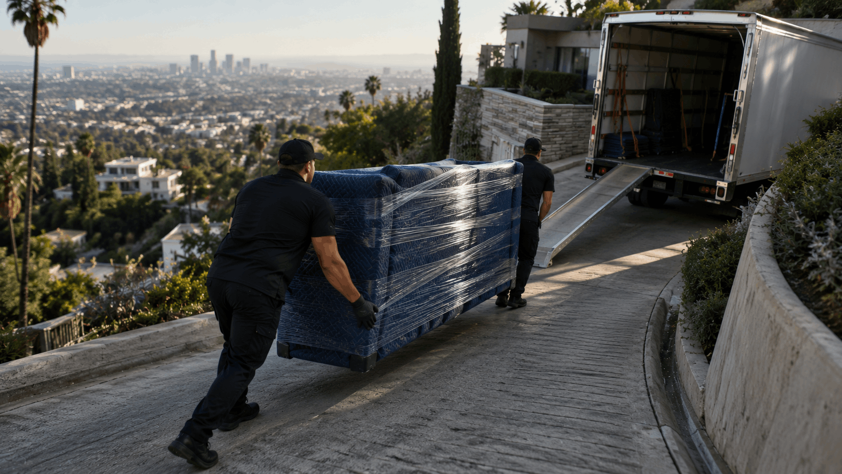 Two movers carrying wrapped sofa up steep Hollywood Hills driveway toward moving truck