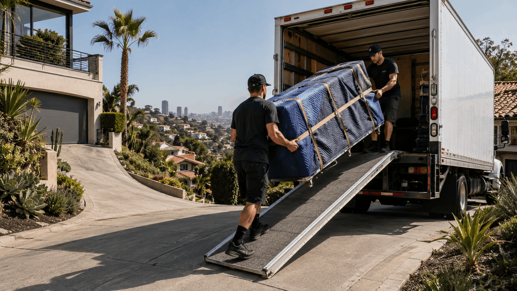 Two movers unloading furniture from a moving truck at a Los Angeles hillside home