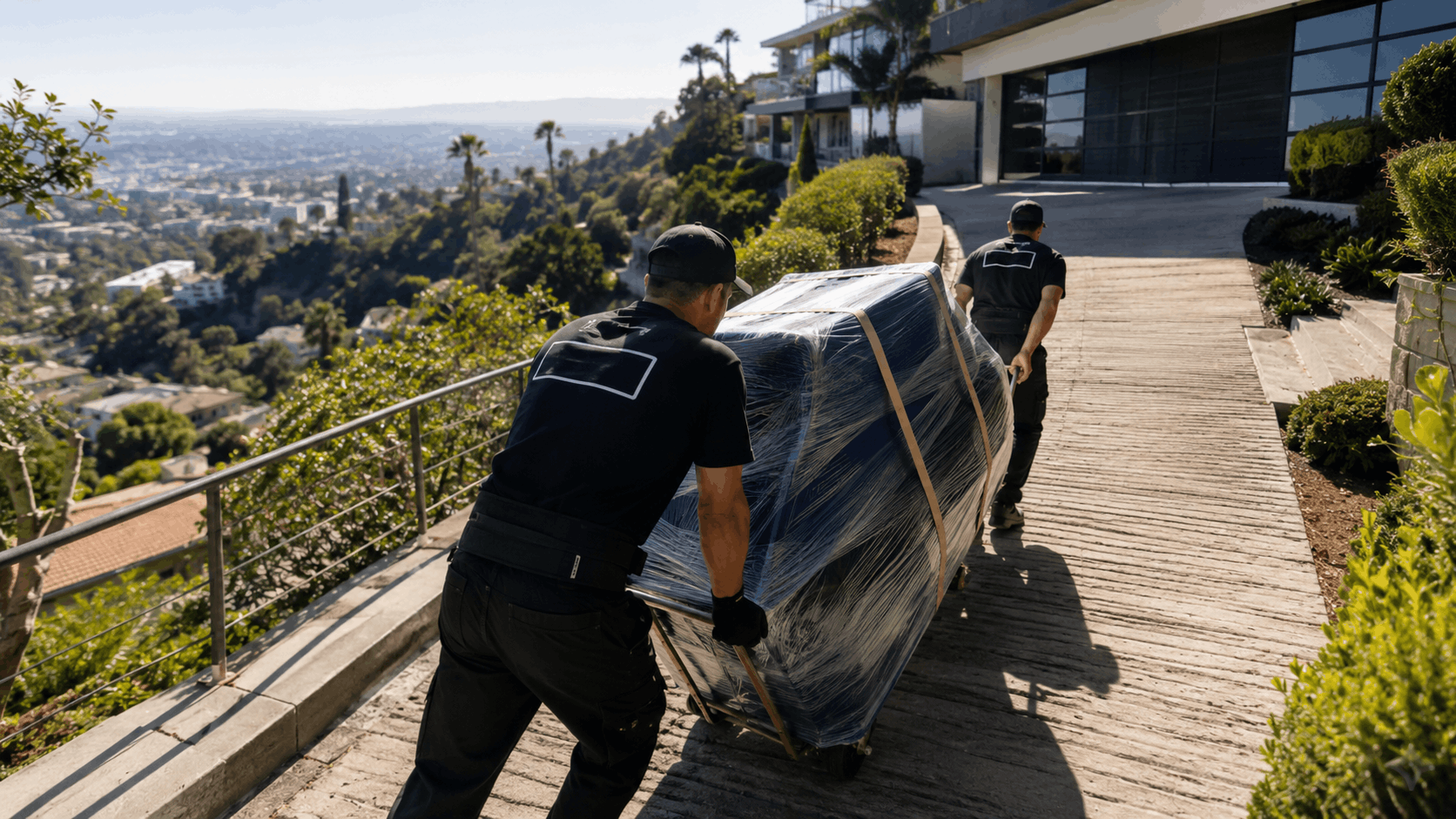 Two movers transporting wrapped furniture up driveway of luxury Los Angeles hillside home