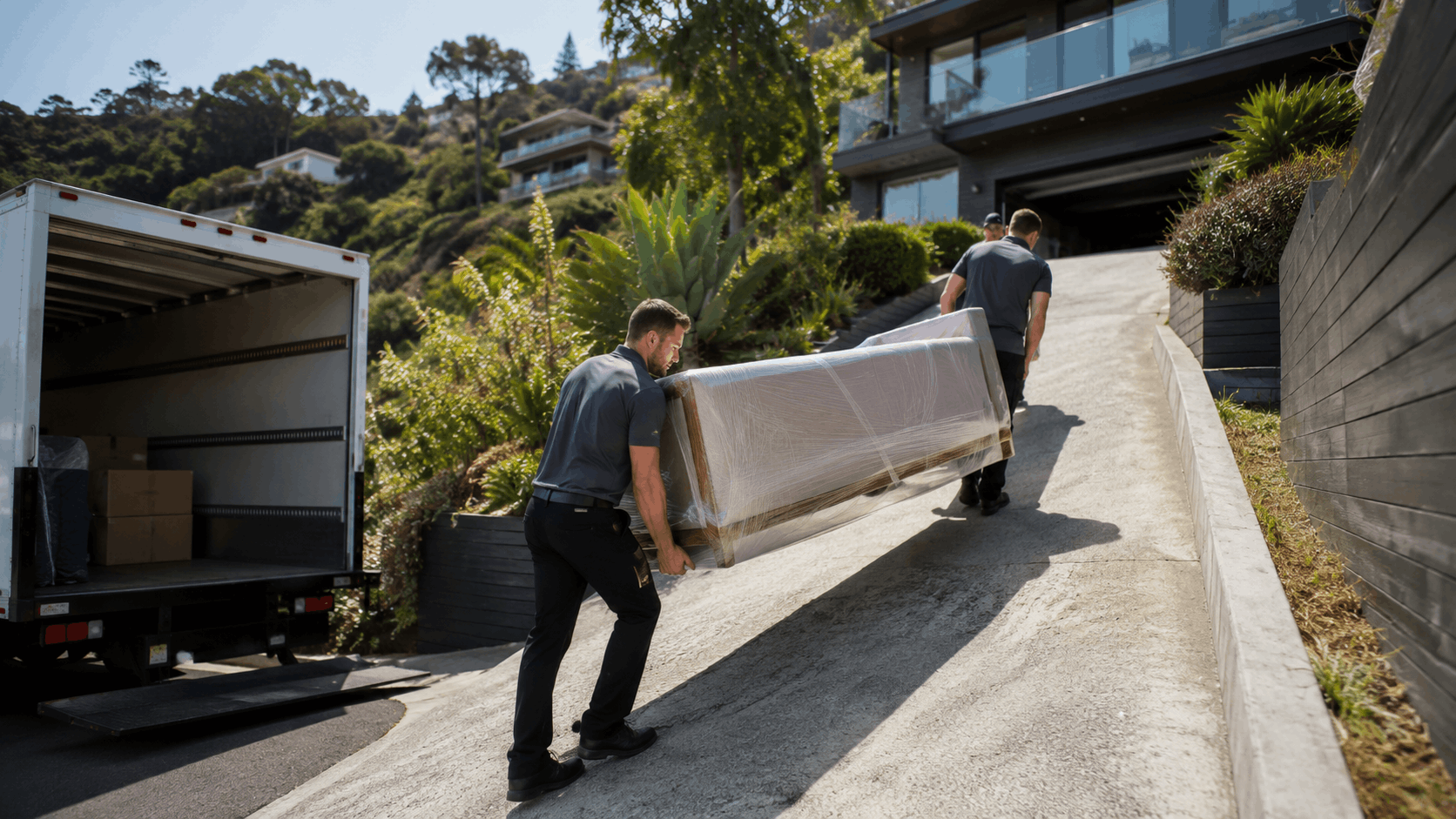 Two Popeye Moving crew members carrying wrapped sofa up steep Los Angeles driveway